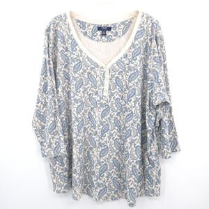 Chaps paisley Henley Top womens Plus Size 2X rib knit 100% cotton 3/4 Sleeves